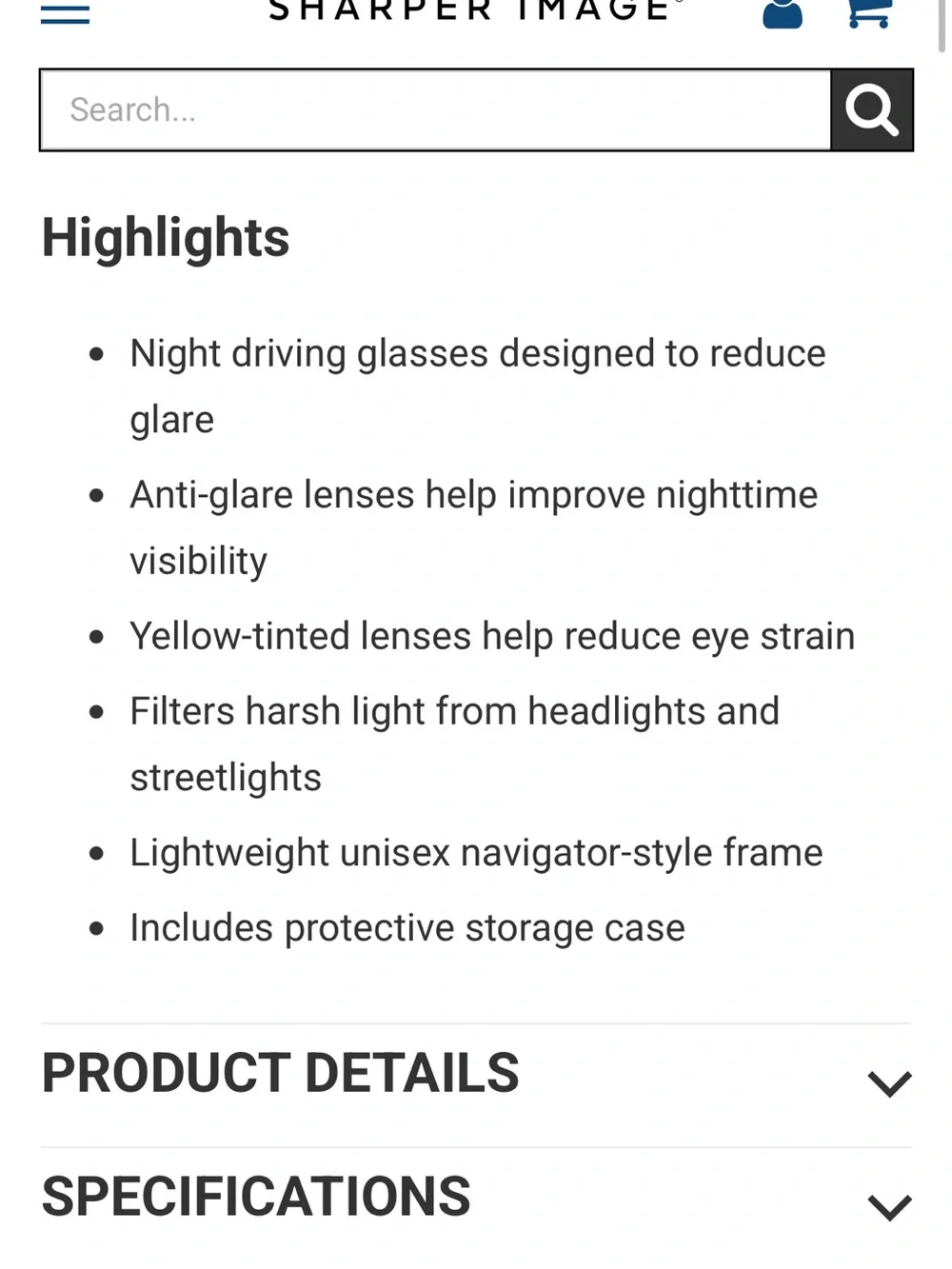 Sharper Image Yellow-Tinted Night Driving Glasses